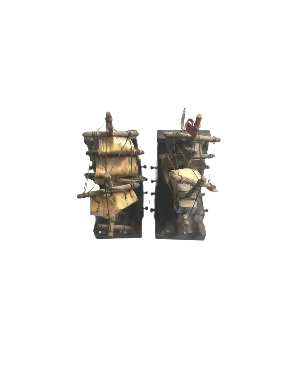 Vintage Wooden Ship Model Bookends with Detailed Sails